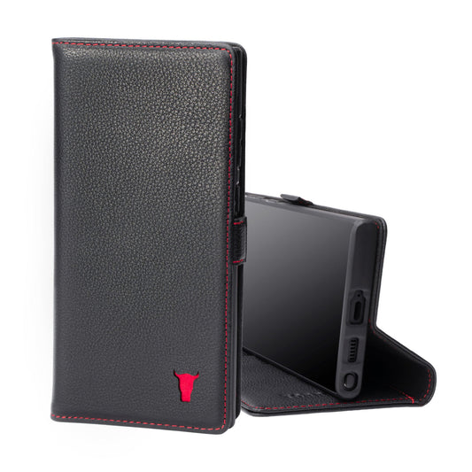 Samsung Galaxy S22 Ultra Leather Wallet Case (with Stand Function) - Black with Red Detail