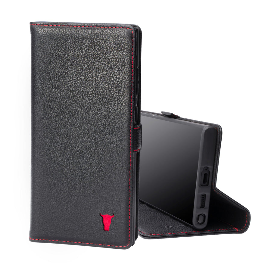 Samsung Galaxy S22 Ultra Leather Wallet Case (with Stand Function) - Black with Red Detail