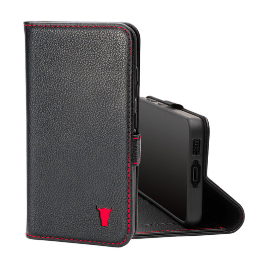Samsung Galaxy S23 Leather Case (with Stand function) - Black with Red Detail