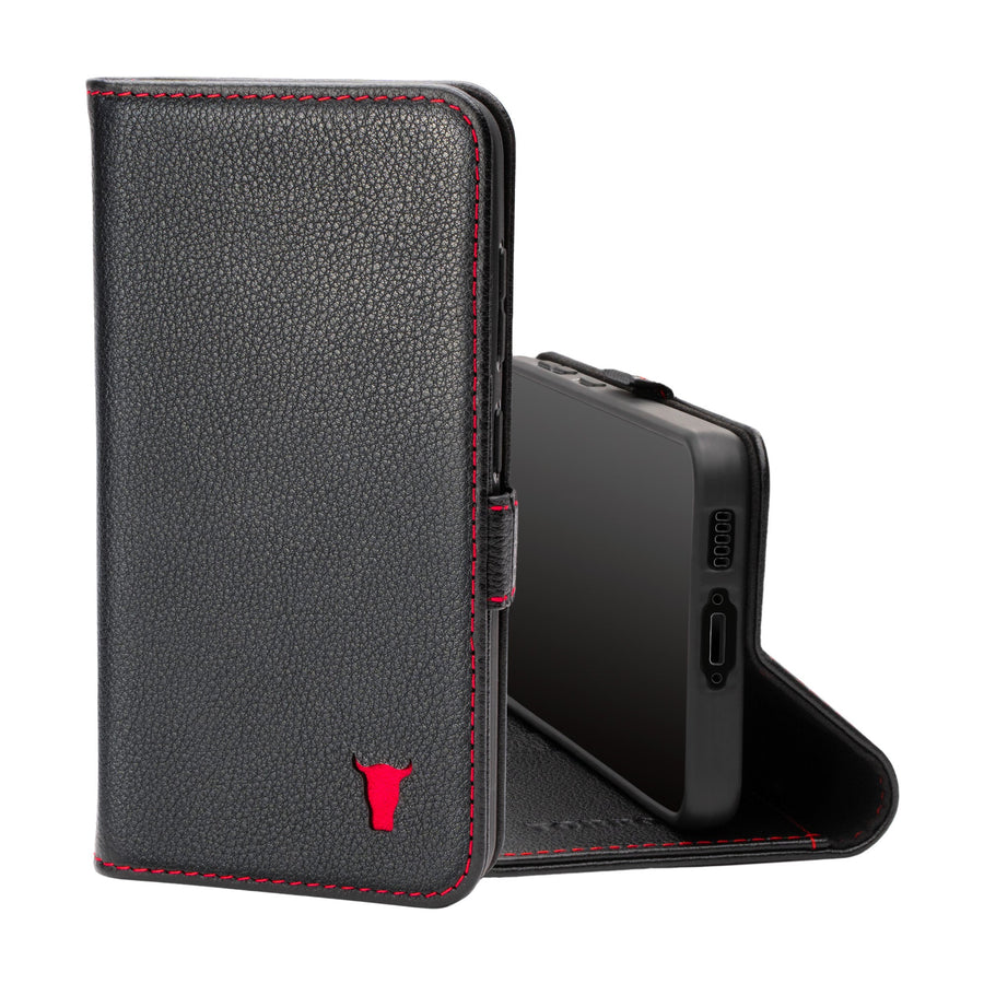 Samsung Galaxy S23 Leather Case (with Stand function) - Black with Red Detail