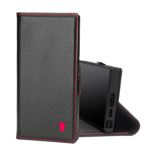 Samsung Galaxy S23 Ultra Leather Case (with Stand function) - Black with Red Detail