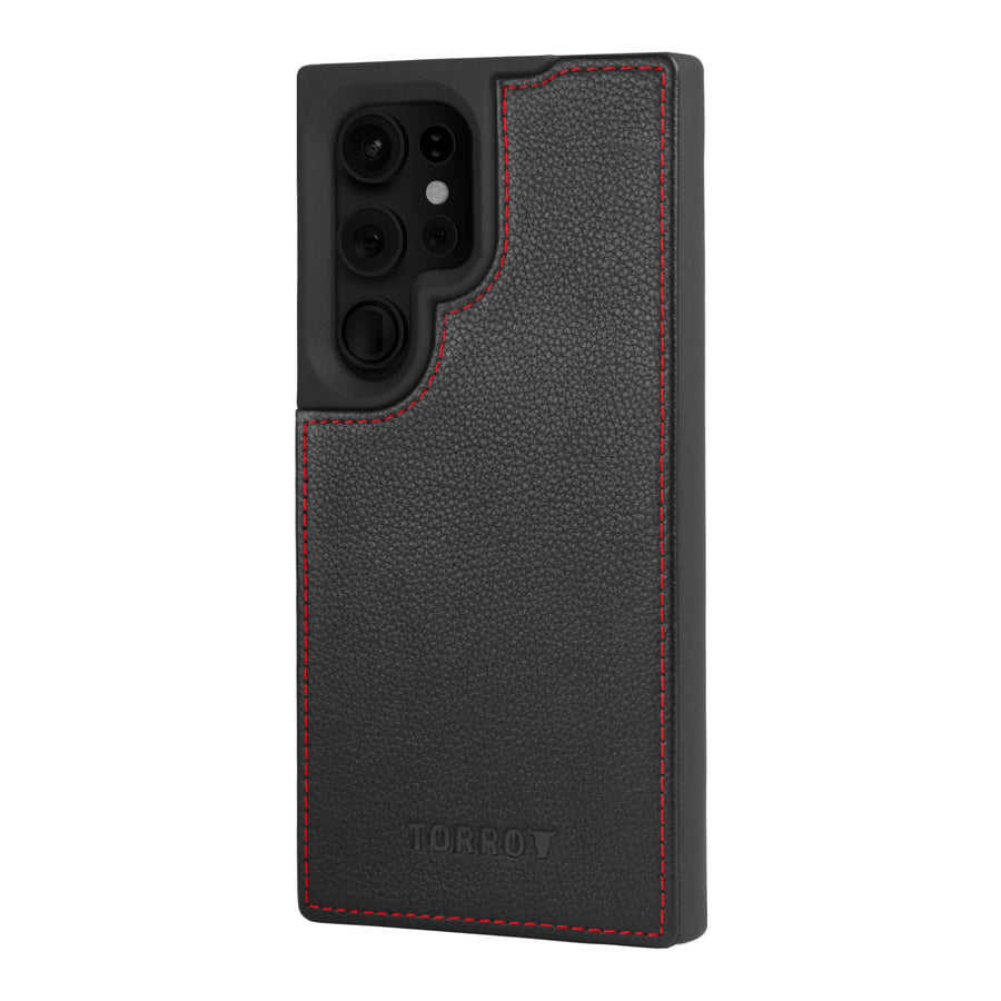 Samsung Galaxy S24 Ultra Leather Bumper Case - Black with Red Detail