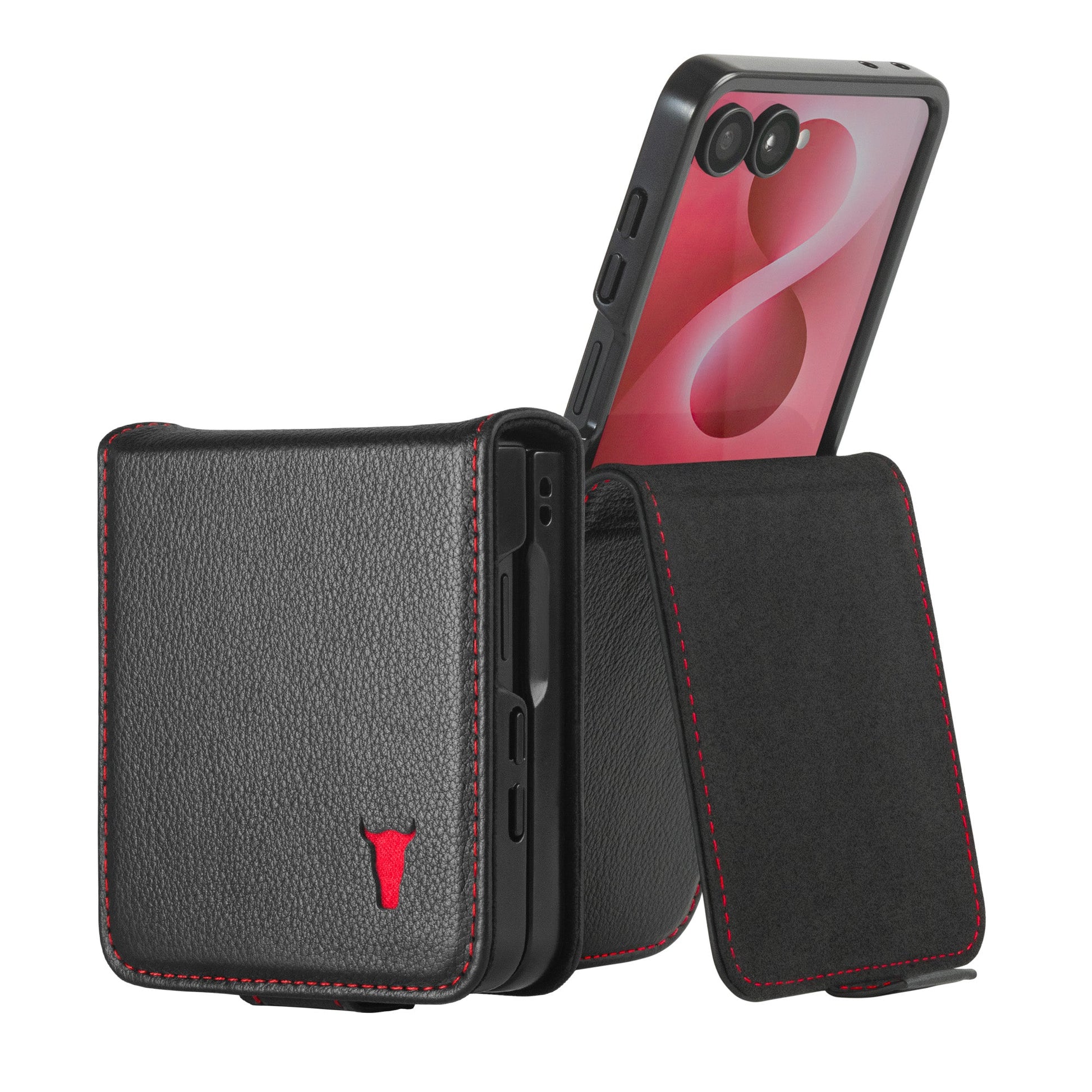 Samsung Galaxy Z Flip8 / Z Flip7 Leather Case - Black with Red Detail