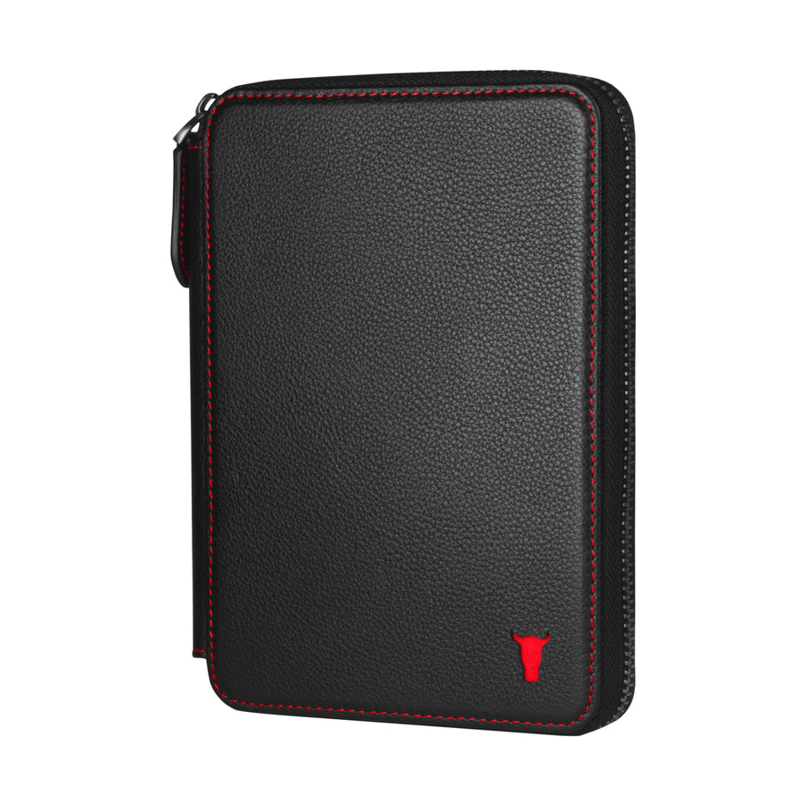 Leather Travel Wallet & Passport Organiser (with RFID Protection) - Black with Red Detail