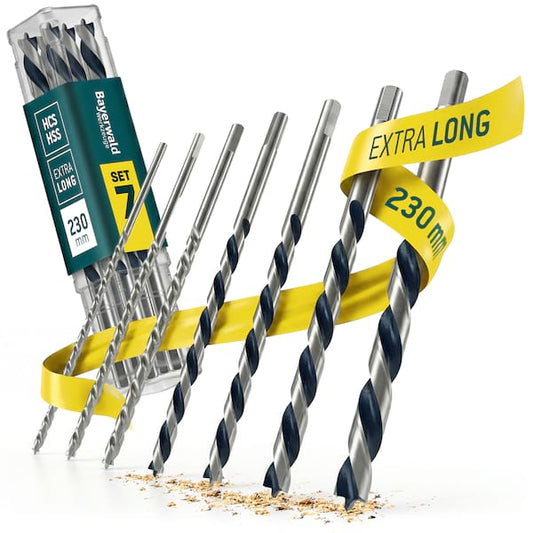 Profi Holzbohrer Set Überlänge 230 mm - 7‑tlg. 4-12 mm - Bayerwald Werkzeuge - HSS & HCS Holzspiralbohrer für präzise, ausrissfreie Bohrun