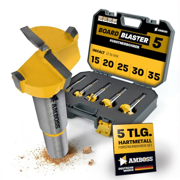 Forstnerbohrer Set 5‑tlg - Amboss Werkzeuge BOARDBLASTER Hartmetall Holzbohrer 15 / 20 / 25 / 30 /R