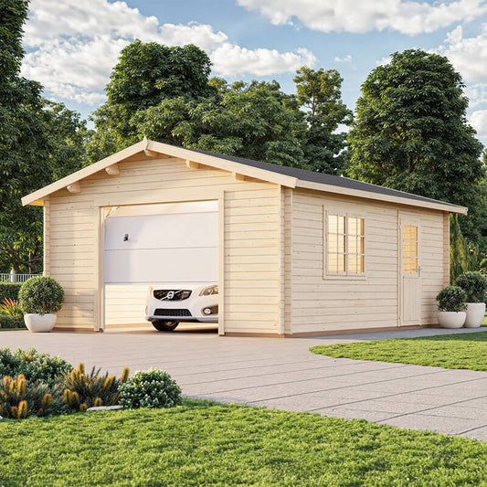Palmako Roger 4.5m x 5.5m Extra Wide Log Cabin Single Garage (44mm) - Up and Over Door