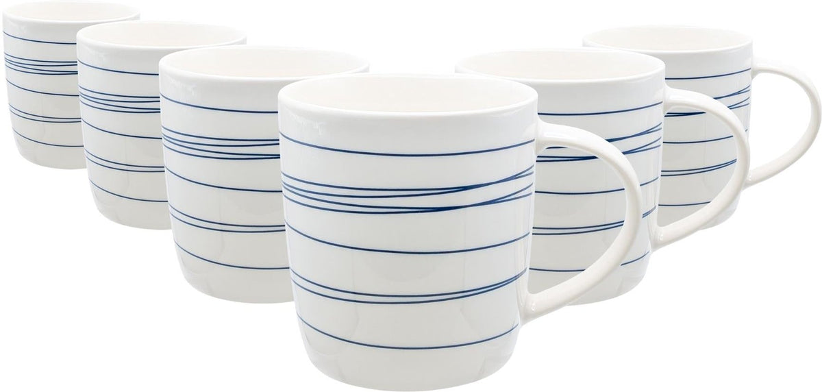 350ml Blue & White Stripe Simply Home Stoneware Mugs - Pack of Six