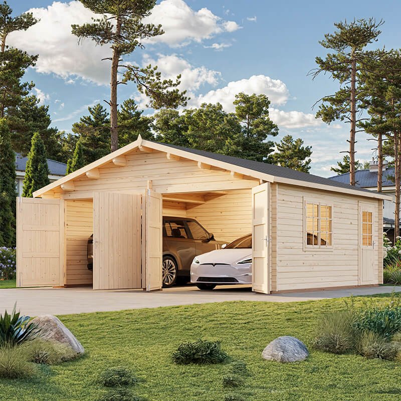 Palmako Roger 5.7m x 5.1m Log Cabin Double Garage (44mm) - Double Doors
