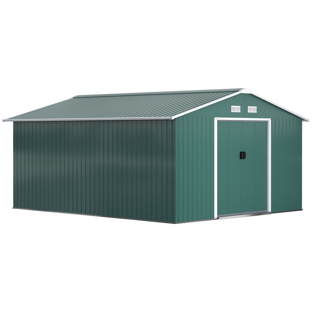 13ft x 11ft Outdoor Roofed Metal Storage Shed Foundation Vent & Doors Green