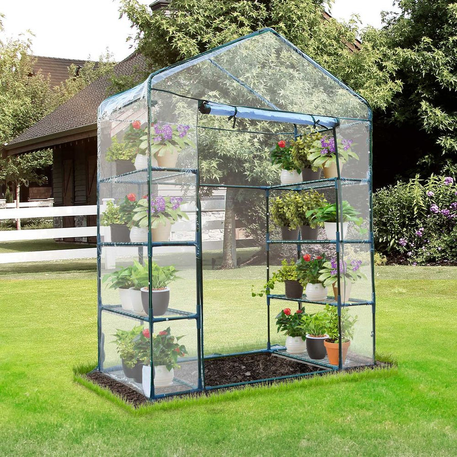 4 Tiers 8 Shelves Metal Frame Walk in Portable Greenhouse 143Lx73Wx195Hcm