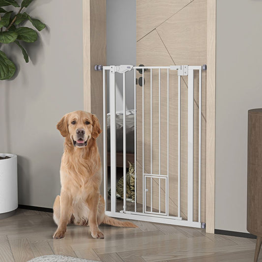 PawHut Extra Tall Dog Gate with Cat Door Auto Close for Stairs 74-101 cm Wide - 80 x 3.5 x 104.1cm