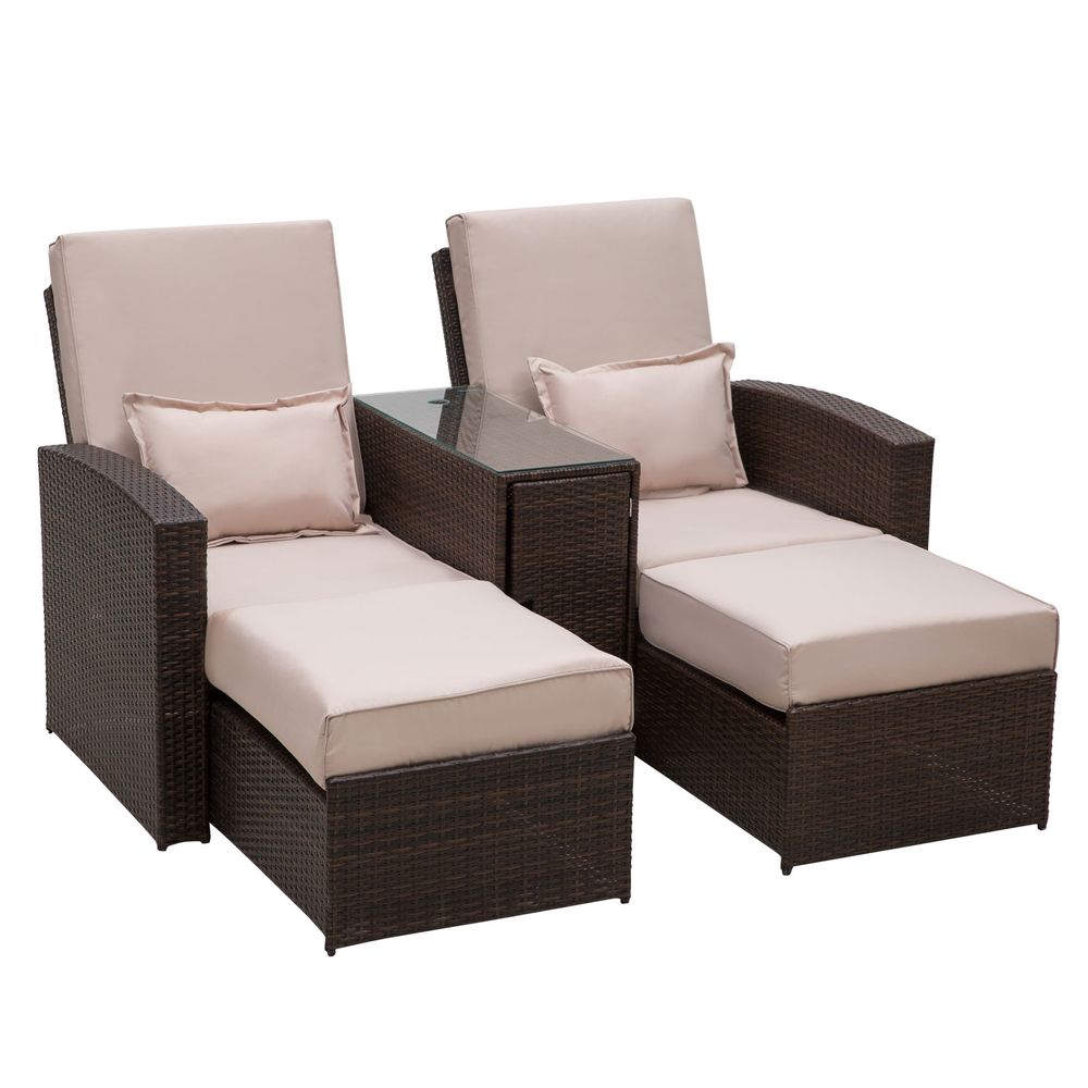 Garden Double Rattan Sun Lounger Sofa Recliner Wicker Patio Brown