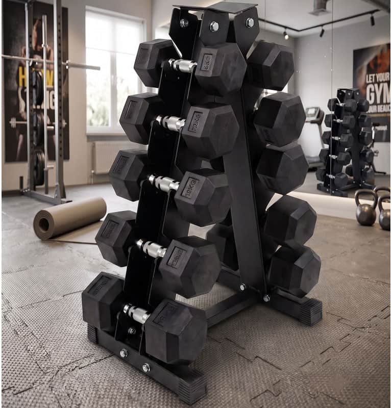 Ironman Rubber Coated Hex Dumbbell & 5 Tier Rack Set - 2.5, 5, 7.5, 10, 12.5kg Pairs
