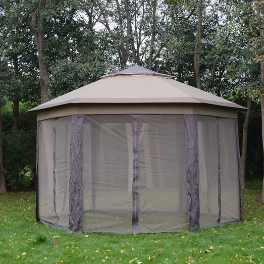 4.05m x 4.05m Metal Frame Mesh Draped 2-Tier Roof Gazebo Brown