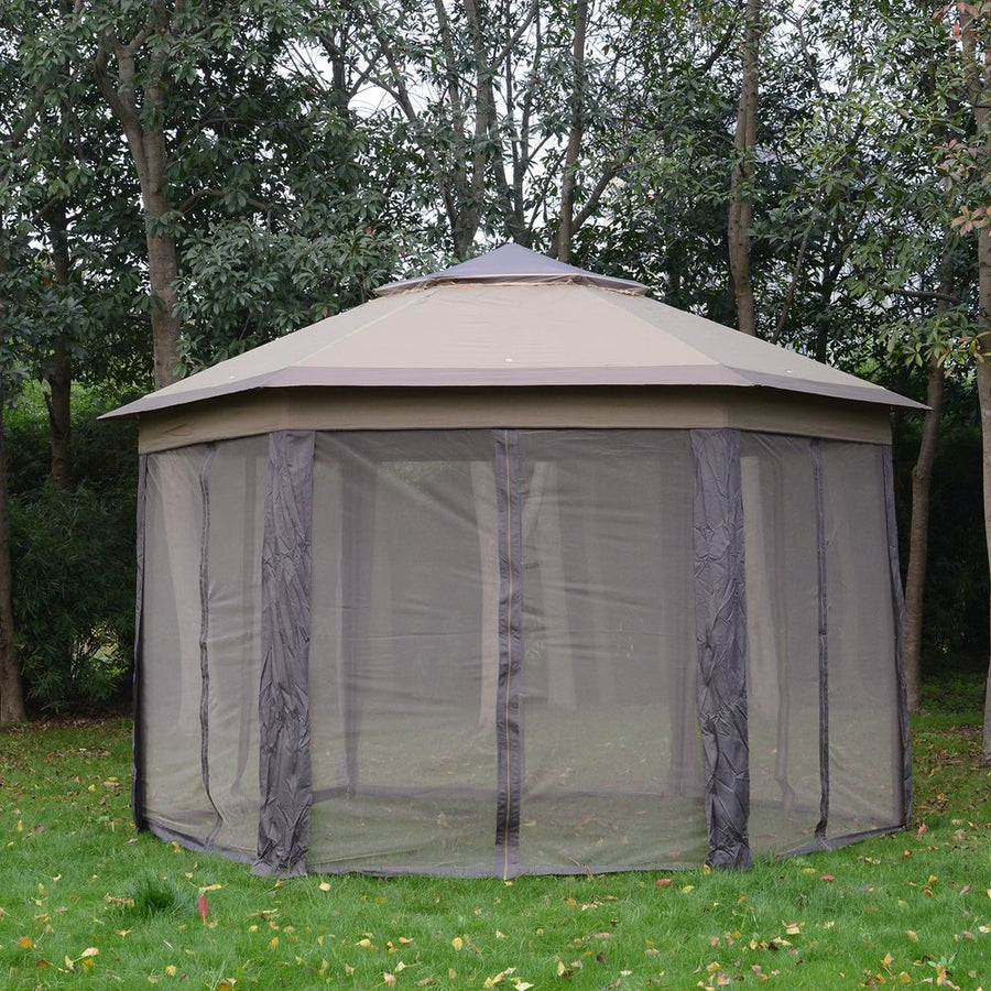 4.05m x 4.05m Metal Frame Mesh Draped 2-Tier Roof Gazebo Brown