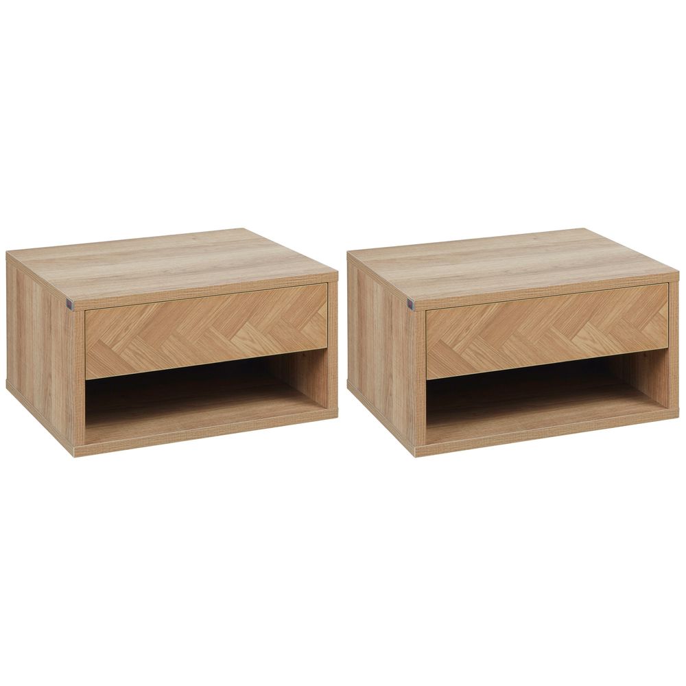 HOMCOM Floating Bedside Table Set of 2 Wall Mounted Nightstand W/ Drawer Natural