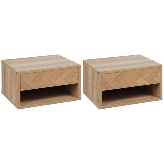 HOMCOM Floating Bedside Table Set of 2 Wall Mounted Nightstand W/ Drawer Natural