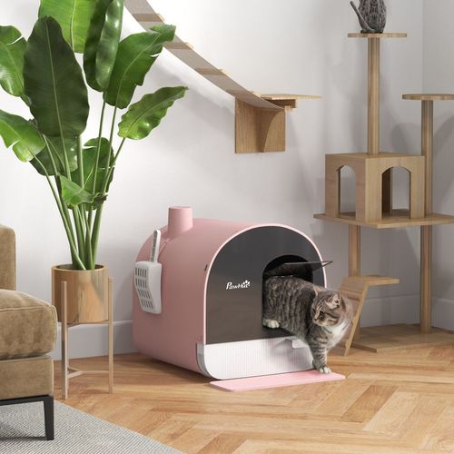 PawHut Cat Litter Box Kitten Litter Tray w/ Lid, Scoop, Filter, Flap Door, Pink - Pink