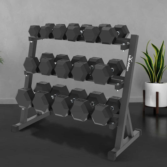 Ironman Rubber Coated Hex Dumbbell & Commercial 130cm 3-Tier Rack Set (2.5kg to 40kg – 11 Pairs)