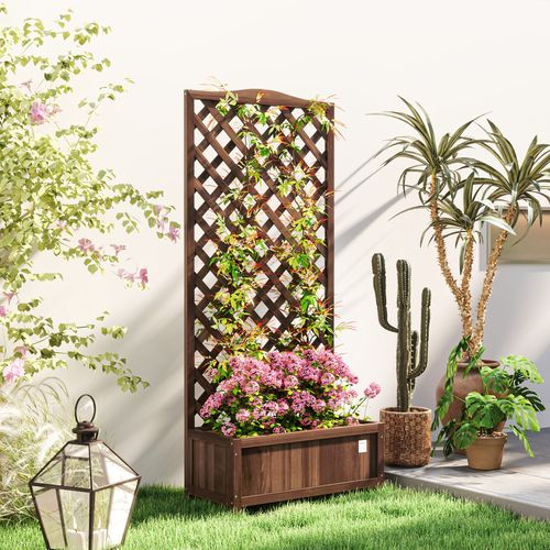 Outsunny Garden Wooden Planter Box with Trellis Flower Raised Bed Dark Brown