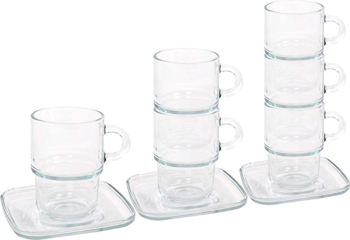 12pc 350ml Cozy Stacking Glass Coffee Cups & Saucers Set