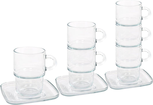 12pc 350ml Cozy Stacking Glass Coffee Cups & Saucers Set