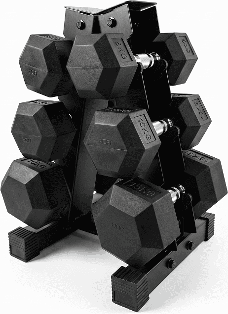 Ironman Rubber Coated Hex Dumbbell & 3 Tier Rack Set – 5kg, 10kg & 15kg Pairs