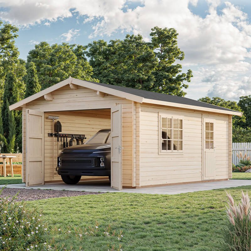 Palmako Roger 3.6m x 5.5m Log Cabin Single Garage (44mm) - Double Doors