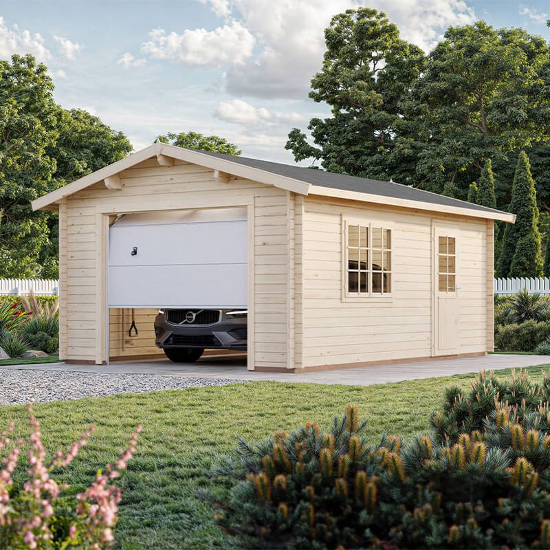 Palmako Roger 3.6m x 5.5m Log Cabin Single Garage (44mm) - Up and Over Door
