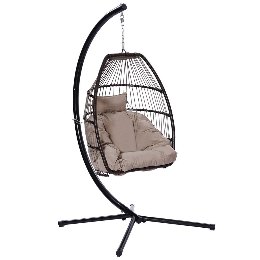 Patio Wicker folding Hanging Chair,Rattan Swing Hammock Egg Chair with X type Base and C Type bracket , with cushion and pillow,for Patio,Bedroom Balc