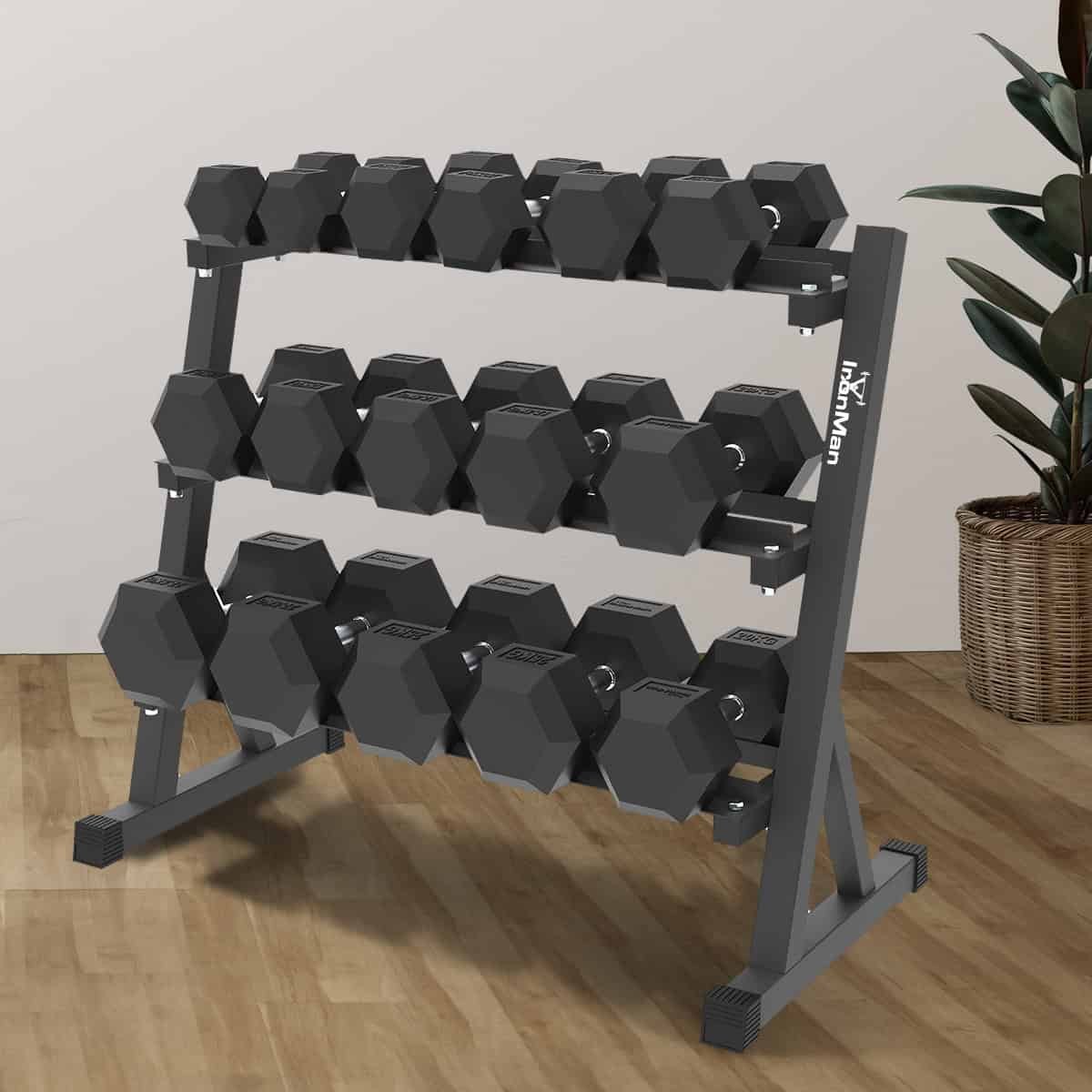 Ironman Rubber Coated Hex Dumbbell & Commercial 130cm 3-Tier Rack Set (2.5kg to 40kg – 14 Pairs)