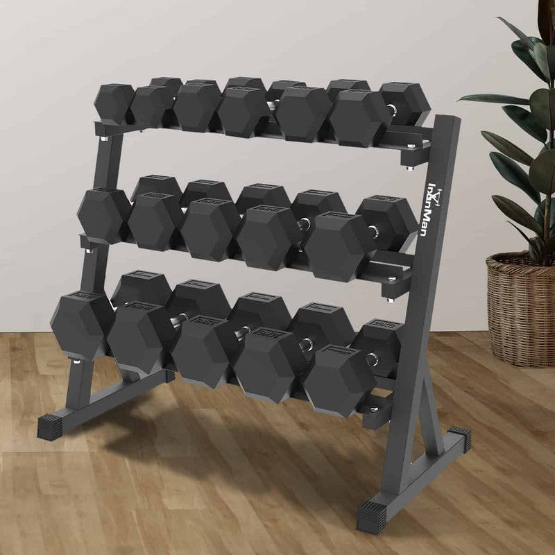 Ironman Rubber Coated Hex Dumbbell & Commercial 130cm 3-Tier Rack Set (2.5kg to 40kg – 14 Pairs)