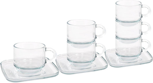 12pc 90ml Cozy Stacking Glass Espresso Cups & Saucers Set