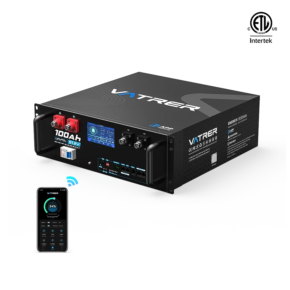 【UL】Vatrer 48V (51.2V) 100Ah WiFi Bluetooth Server Rack Lithium Solar Battery CA - 1 PACK