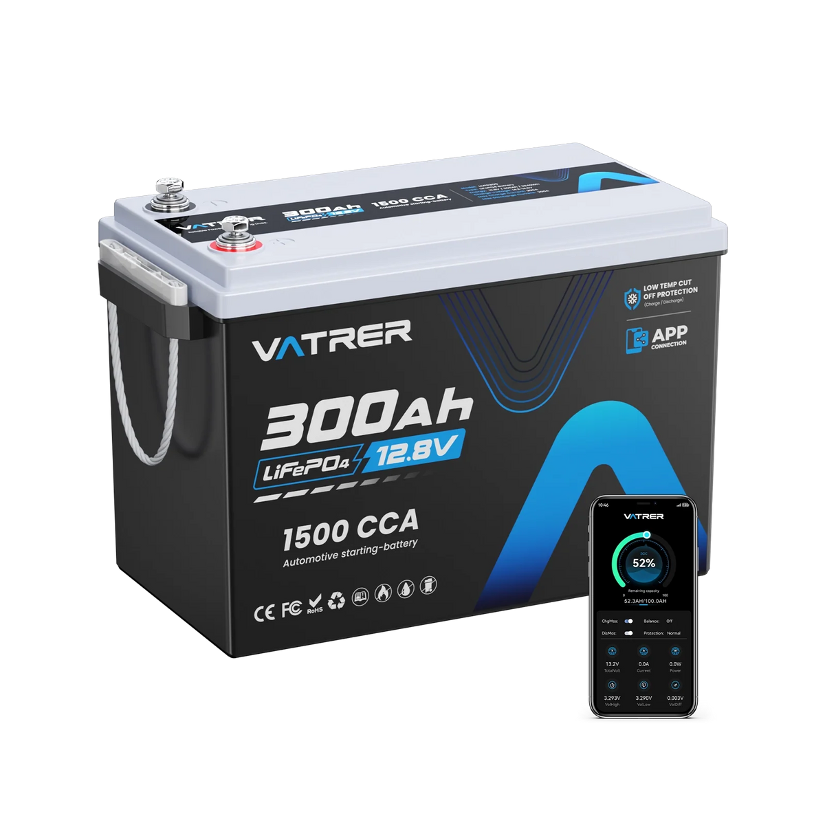 Vatrer 12V 300Ah Bluetooth LiFePO4 Lithium Battery EU - 1 PACK