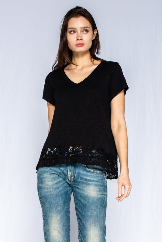 Baby Baby V-Neck Short Sleeve Tee Patch Lace Hem - Black / XS