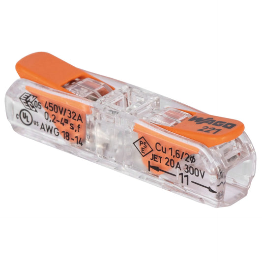 WAGO 221-2411 Hebel-Durchgangsklemme – 1-polig, 0,2–4 mm², transparent, kompakte Verbindungsklemme für massive & flexible Leiter