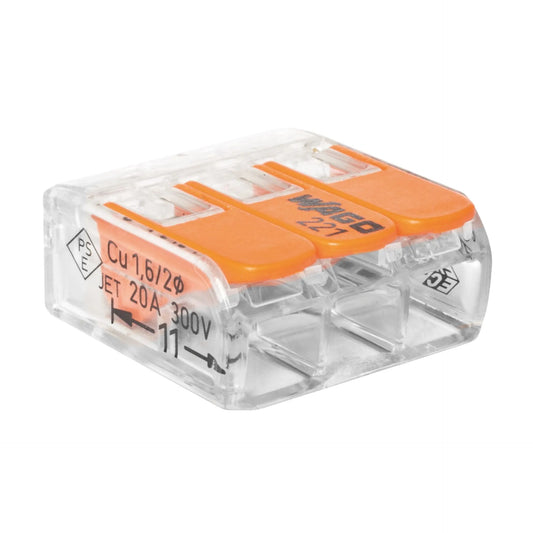 WAGO 221-413 COMPACT Verbindungsklemme – 3-polig, transparent, 0,02–4 mm², 450 V / 32 A