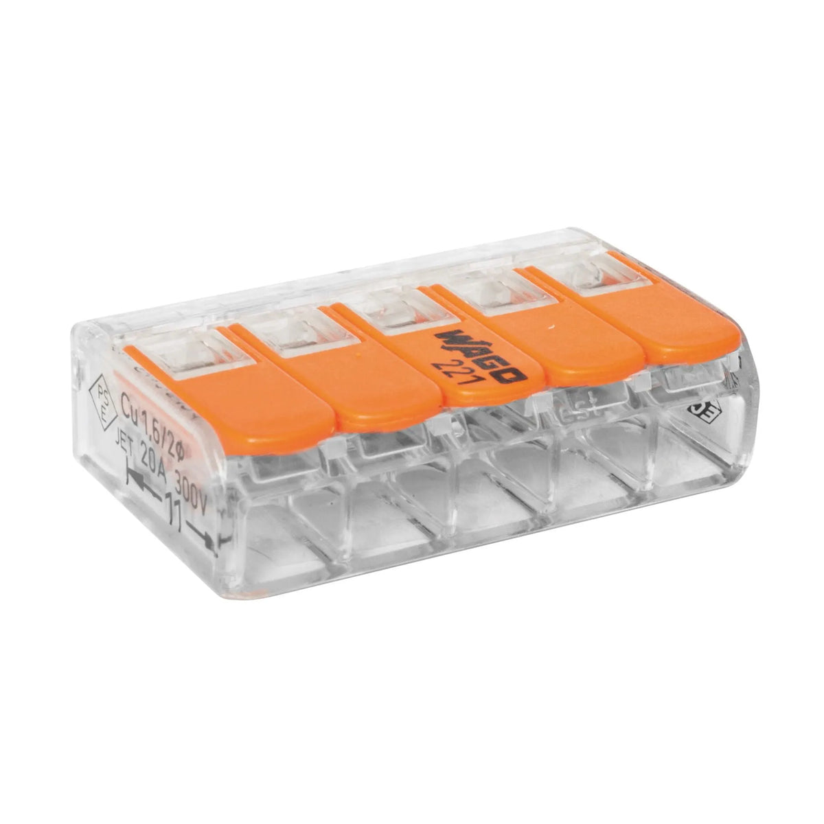 WAGO 221-415 COMPACT Verbindungsklemme – 5-polig, transparent, 0,02–4 mm², 450 V / 32 A