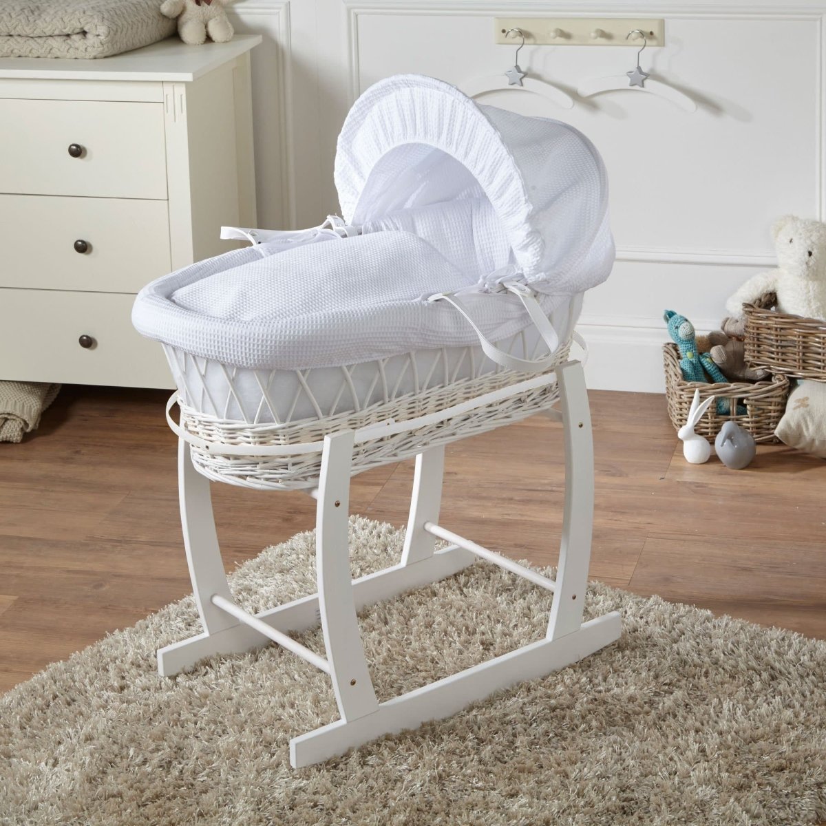 Wicker Baby Moses Basket With Stand - White / Waffle / White