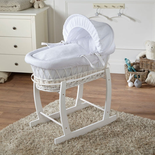 Wicker Baby Moses Basket With Stand - White / Waffle / White